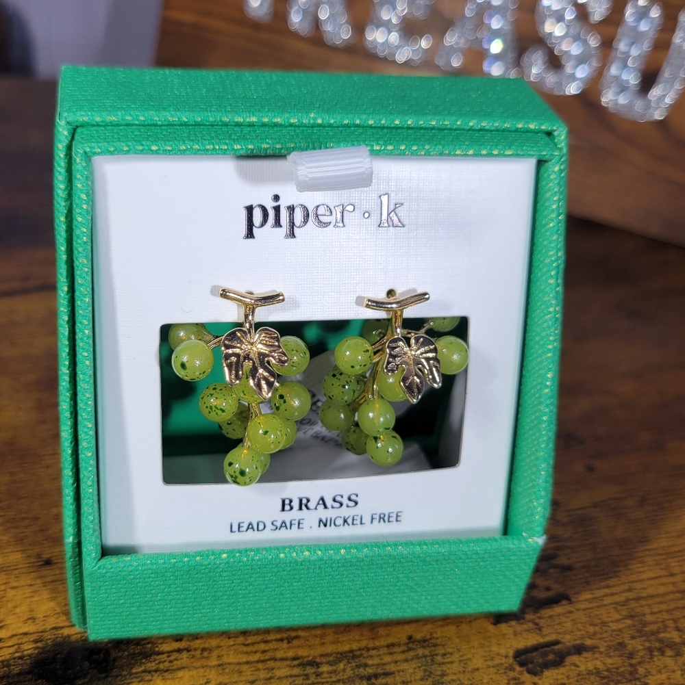 Piper k. Green Beaded Grape Cluster Stud Earrings with brass Leaves